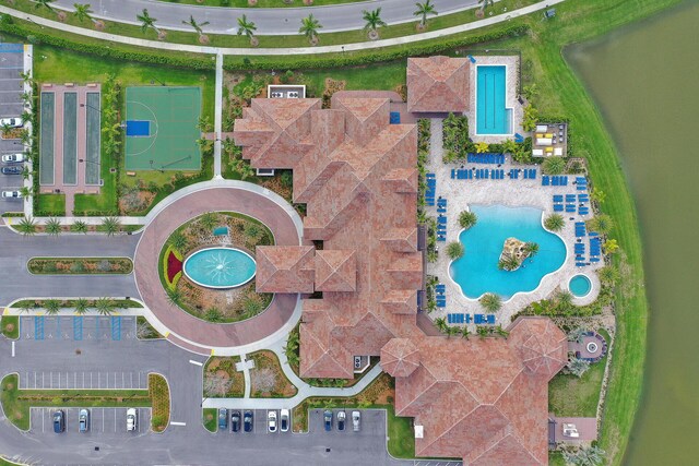 aerial view featuring a water view