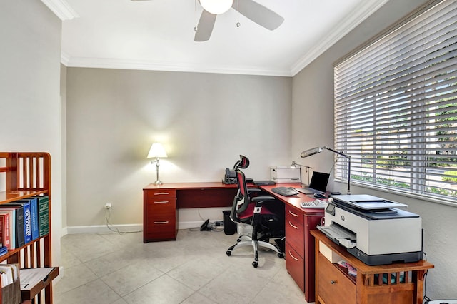 home office with light tile patterned floors, ceiling fan, baseboards, and crown molding