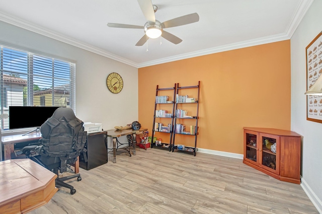 home office with a ceiling fan, crown molding, baseboards, and wood finished floors