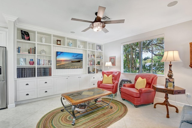 living area featuring ceiling fan, light tile patterned floors, baseboards, built in features, and ornamental molding