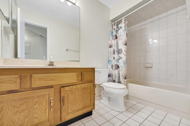 bathroom featuring tile patterned floors, vanity, toilet, and shower / tub combo with curtain