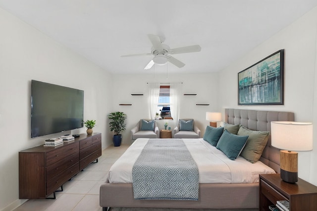 bedroom with light tile patterned flooring and ceiling fan