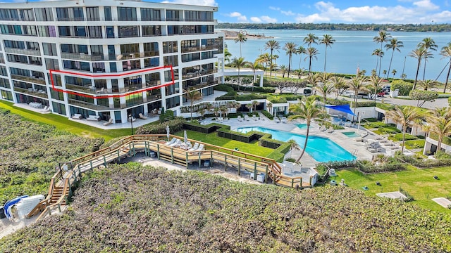 drone / aerial view featuring a water view