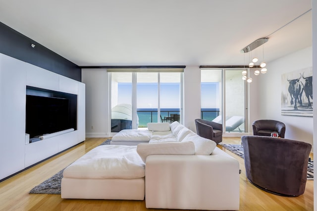 living room featuring a wall of windows and light wood-type flooring