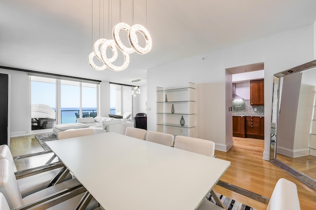 dining room with a water view, a chandelier, and light hardwood / wood-style flooring