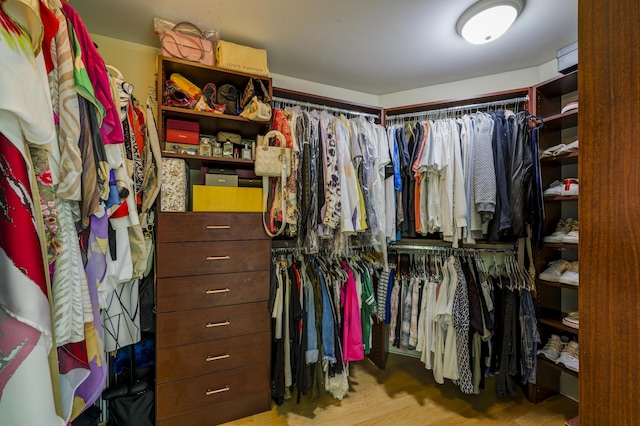 walk in closet with light hardwood / wood-style floors