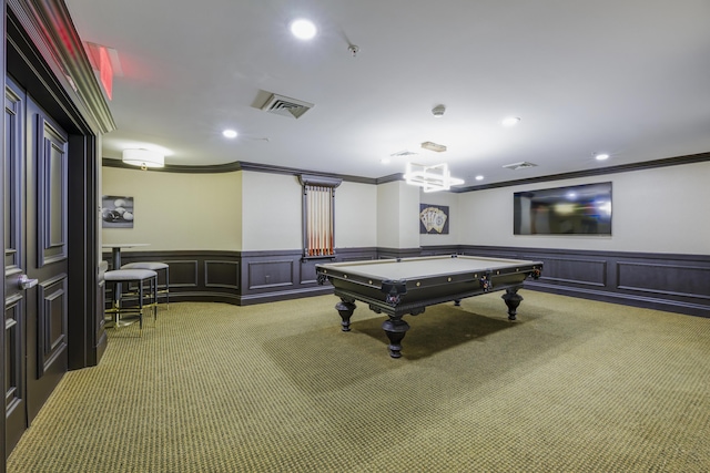 rec room with billiards, ornamental molding, and carpet floors