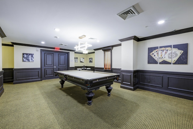 game room with crown molding, pool table, and carpet floors