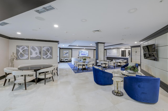 living room with crown molding