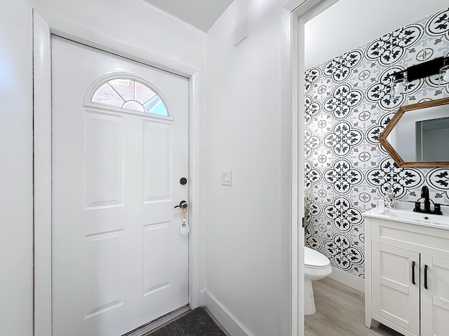 foyer with sink and light wood-type flooring