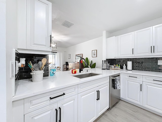 kitchen featuring tasteful backsplash, dishwasher, sink, white cabinets, and kitchen peninsula