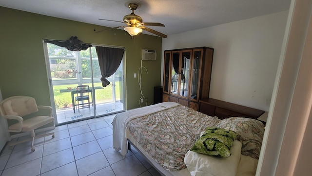 bedroom with access to exterior, a wall mounted air conditioner, ceiling fan, and light tile patterned flooring