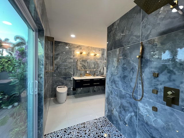 bathroom with toilet, tile patterned flooring, walk in shower, and tile walls