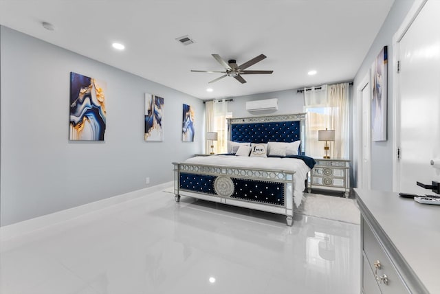 bedroom with multiple windows, an AC wall unit, and ceiling fan