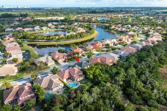 aerial view featuring a water view