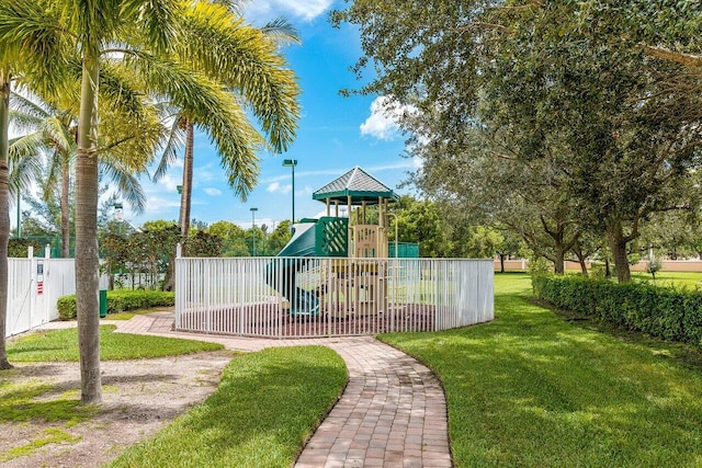 view of jungle gym with a yard