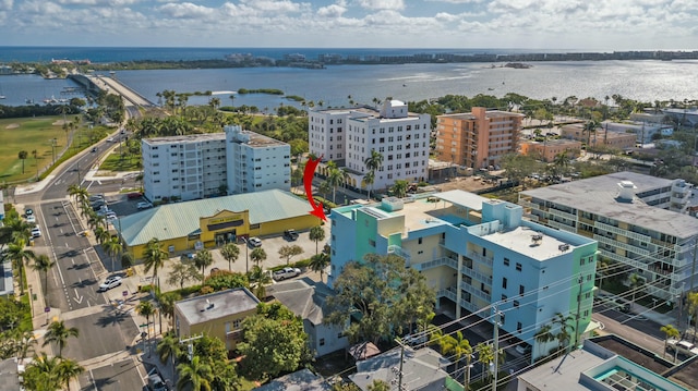 aerial view featuring a water view