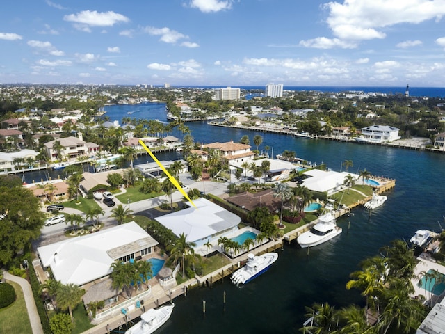 aerial view featuring a water view