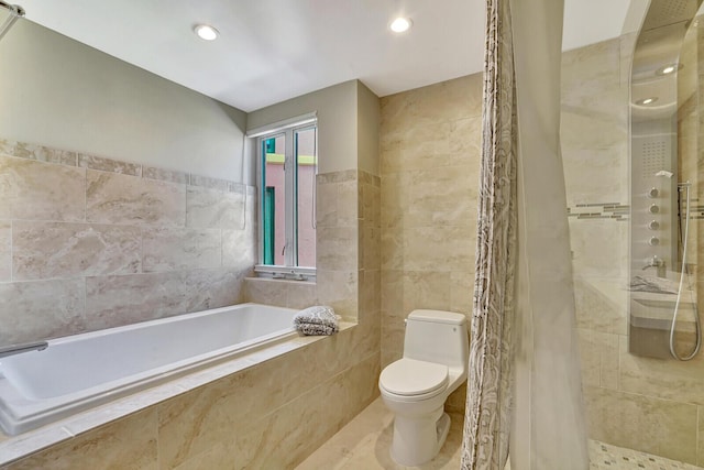 bathroom featuring independent shower and bath, tile walls, and toilet