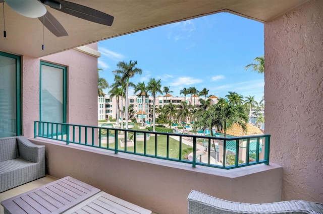 balcony featuring ceiling fan