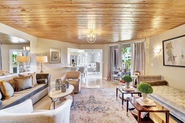 living room with an inviting chandelier, plenty of natural light, and wooden ceiling