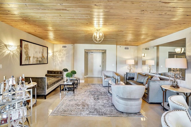 living room featuring wooden ceiling