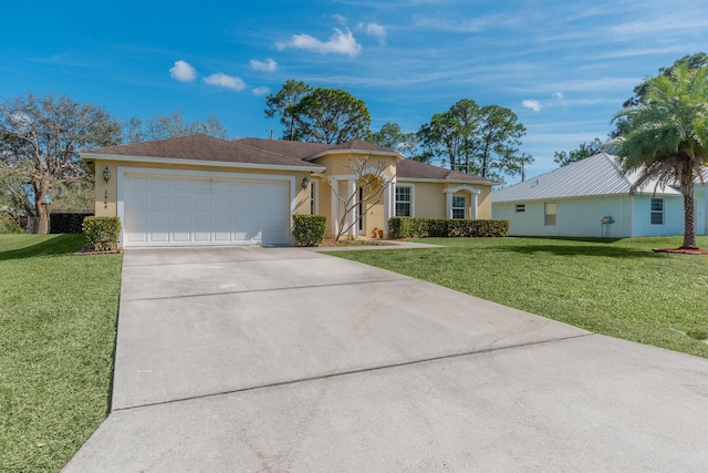 ranch-style house featuring a garage and a front lawn