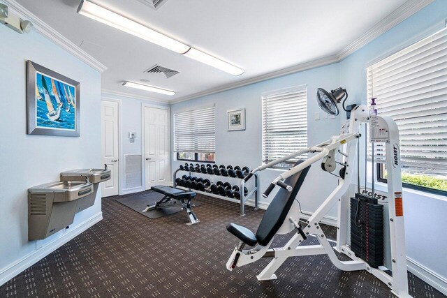 exercise room with ornamental molding and dark carpet