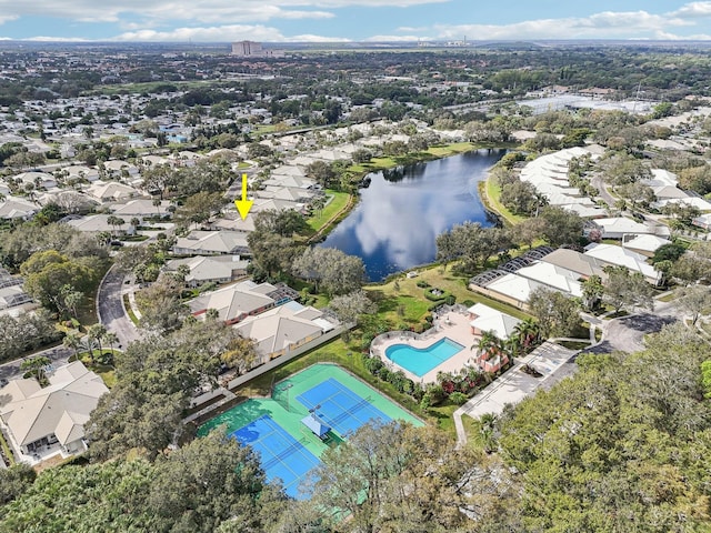 aerial view featuring a water view and a residential view