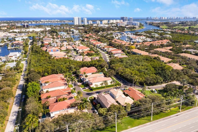 drone / aerial view featuring a water view