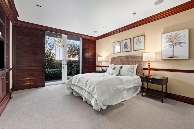 carpeted bedroom featuring baseboards, access to outside, recessed lighting, and crown molding