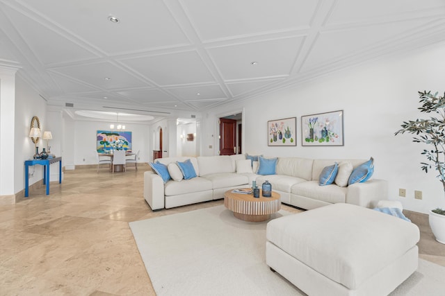living area with baseboards and an inviting chandelier