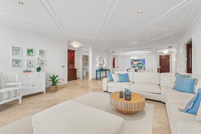 living area featuring a chandelier, baseboards, coffered ceiling, and recessed lighting