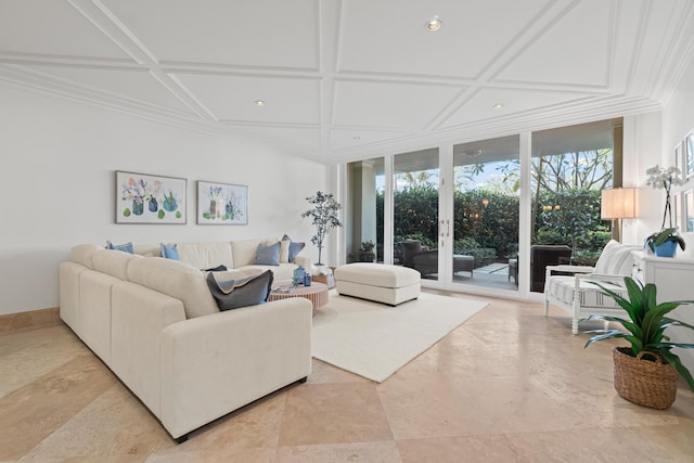 living area with coffered ceiling, crown molding, and baseboards