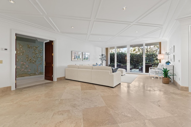 living area featuring crown molding, recessed lighting, coffered ceiling, and baseboards