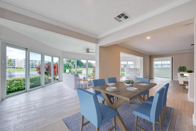 dining room featuring crown molding, light hardwood / wood-style floors, a textured ceiling, and a water view