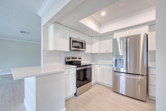 kitchen with appliances with stainless steel finishes, white cabinetry, tasteful backsplash, ornamental molding, and a raised ceiling