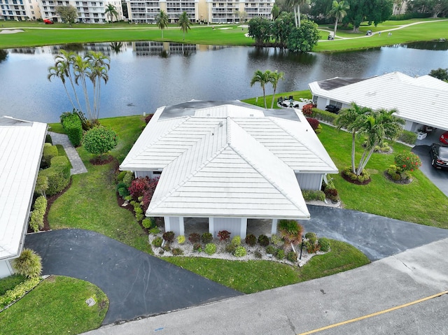 drone / aerial view with a water view