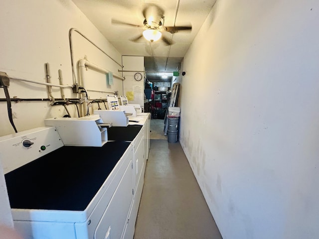 clothes washing area featuring separate washer and dryer and ceiling fan