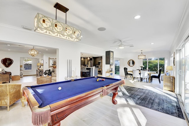 rec room featuring ornamental molding, pool table, and ceiling fan