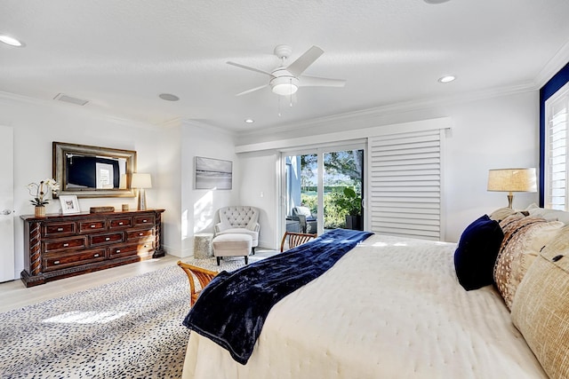 bedroom featuring access to exterior, crown molding, light hardwood / wood-style floors, and ceiling fan