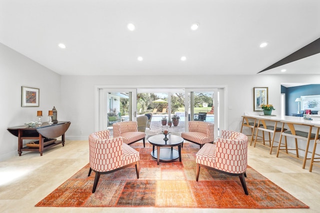 living room with lofted ceiling