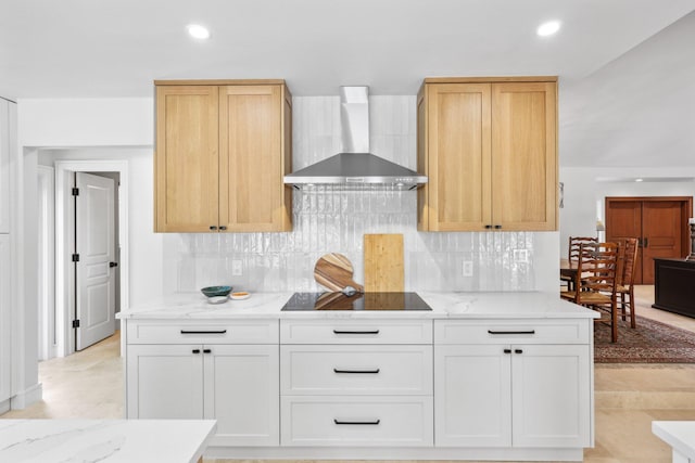 kitchen with white cabinetry, black electric stovetop, decorative backsplash, and wall chimney exhaust hood