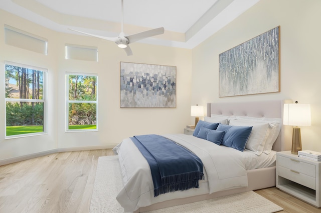 bedroom featuring a raised ceiling and light hardwood / wood-style floors