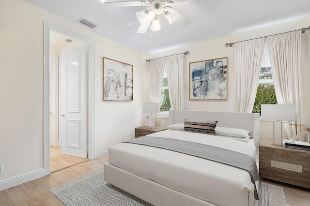 bedroom with ceiling fan and light wood-type flooring