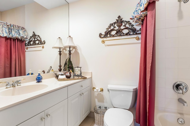 full bathroom featuring vanity, shower / bath combination with curtain, and toilet