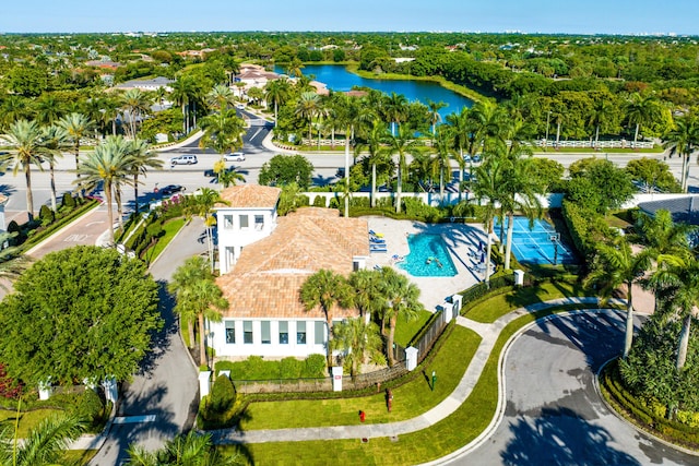 drone / aerial view featuring a water view