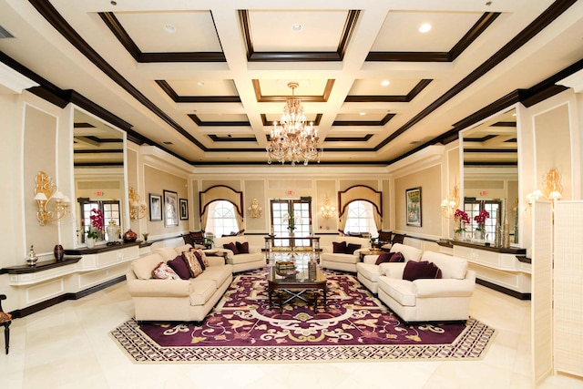 living room with coffered ceiling, a notable chandelier, and crown molding