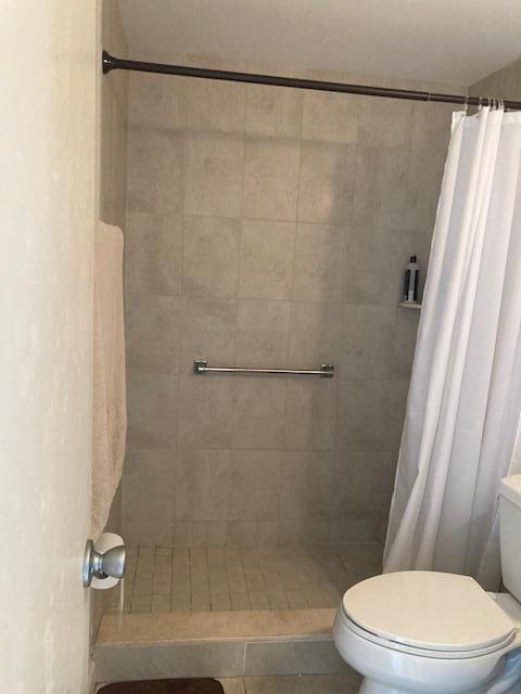 bathroom featuring walk in shower and toilet