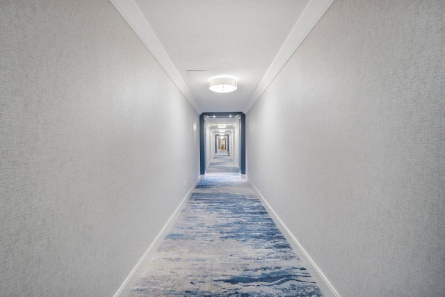 corridor featuring baseboards, ornamental molding, and a textured wall